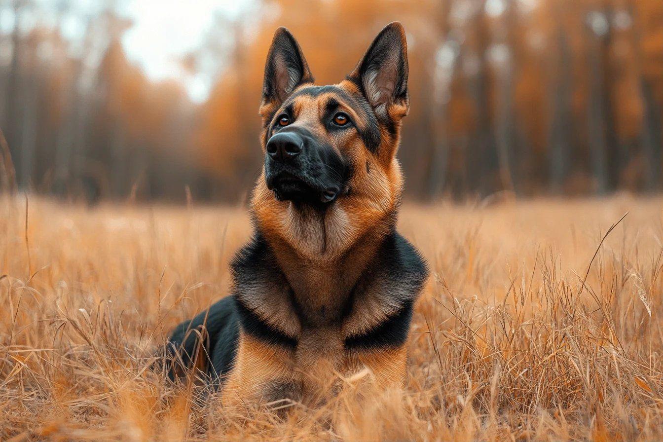 Chien alerte assis dans un champ d'herbes automnales