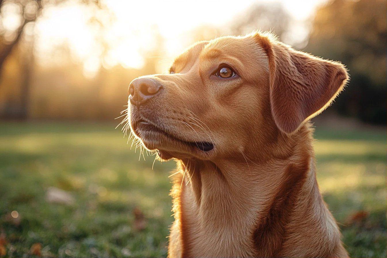 Chien golden retriever regardant au loin dans la lumière dorée