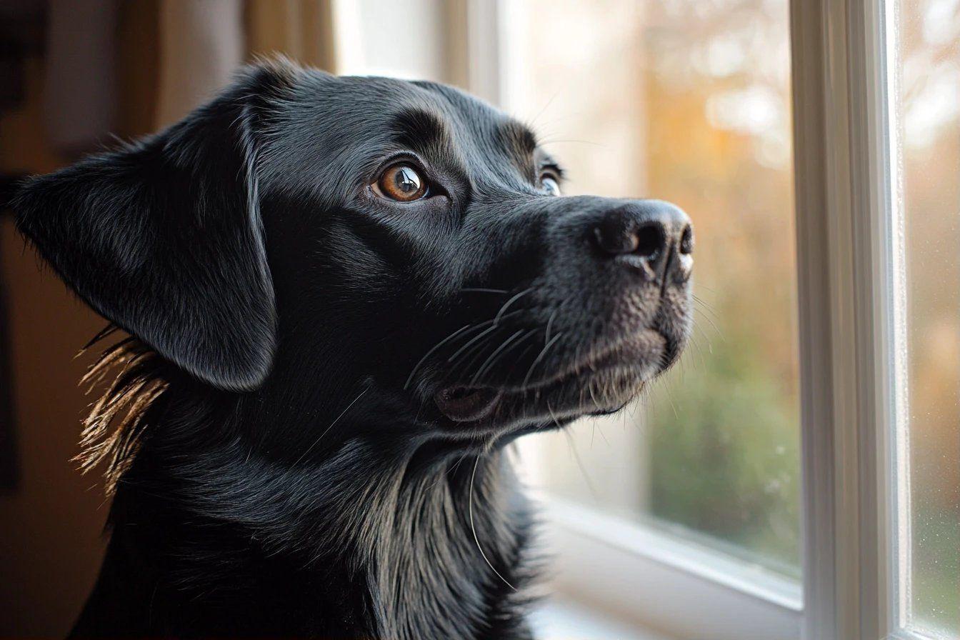 Labrador noir mélancolique observant au loin près d'une fenêtre