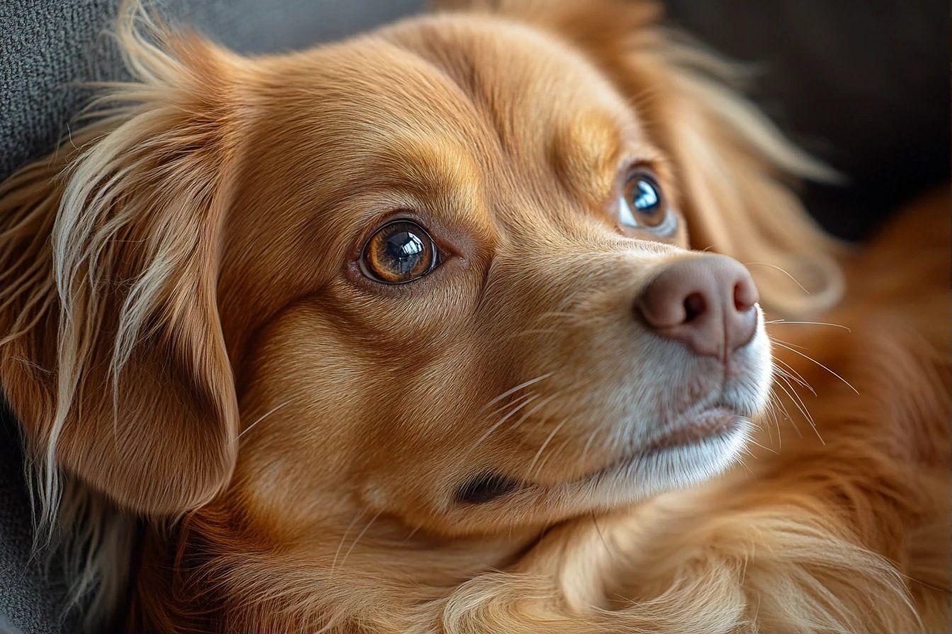Gros plan sur un chien doré au regard doux et profond