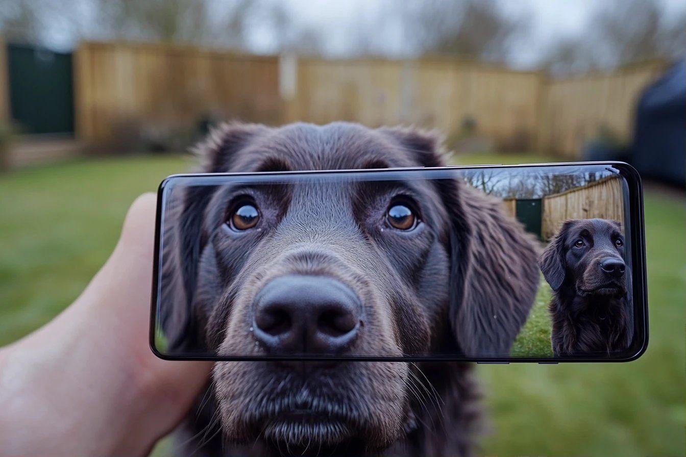 Gros plan d'un chien noir reflété dans un écran mobile