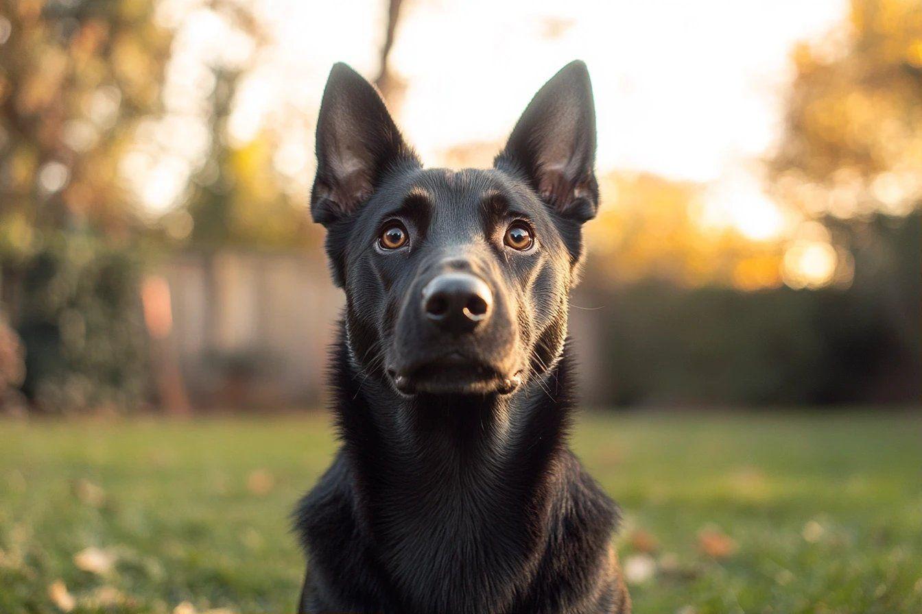Chien noir aux oreilles droites regardant fixement l'objectif
