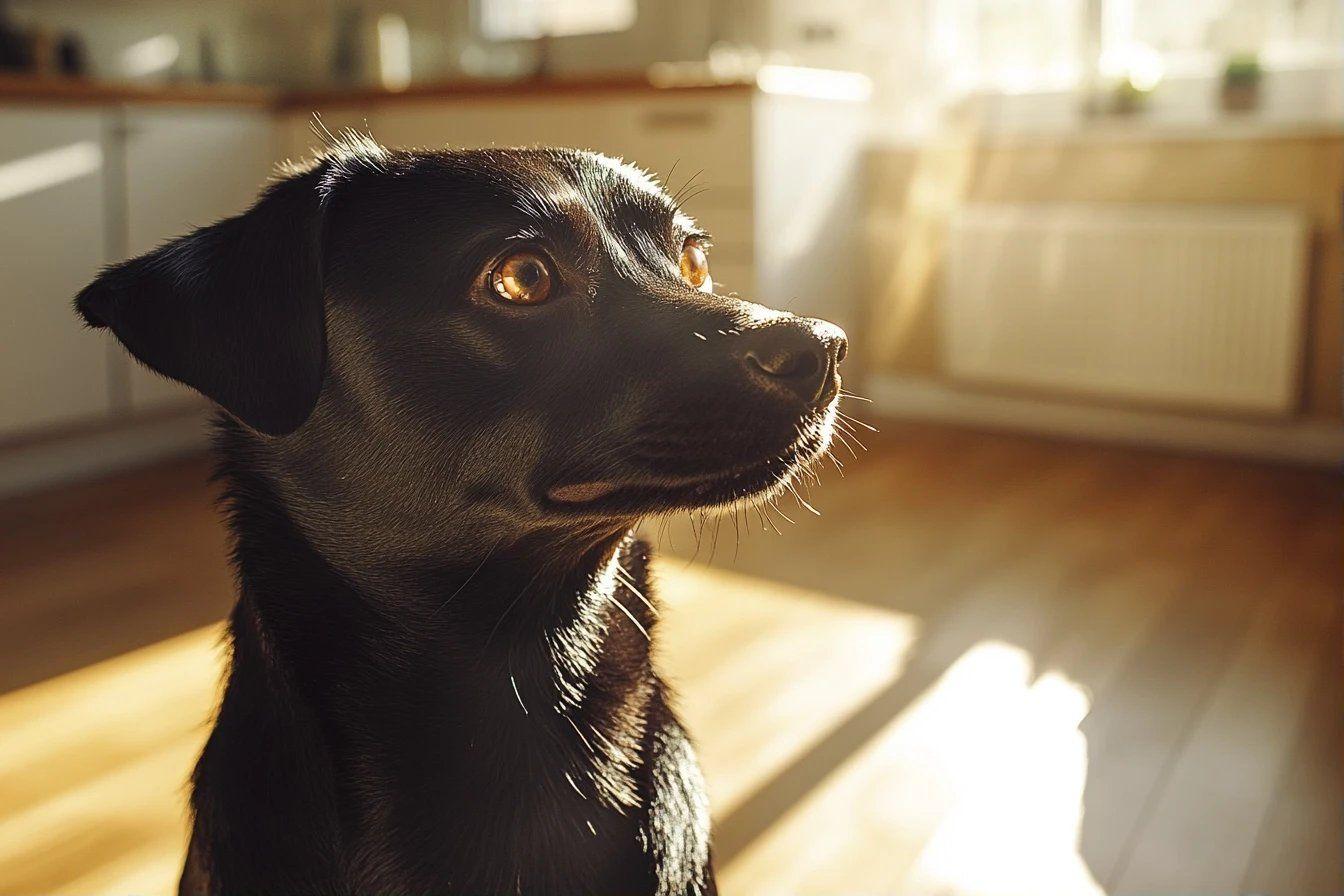 Chien noir aux yeux dor&eacute;s dans un int&eacute;rieur lumineux