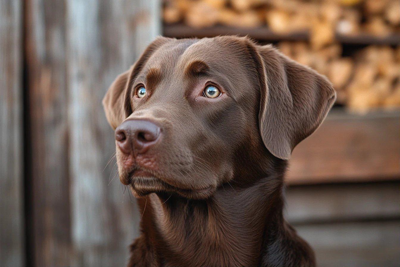 Gros plan sur un labrador chocolat aux yeux bleus