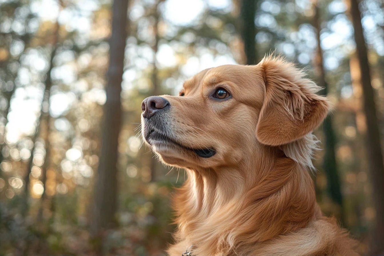 Portrait d'un golden retriever dans un environnement bois&eacute;