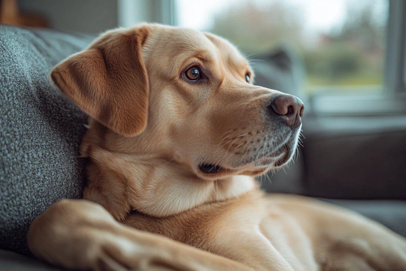 Chien beige pensif regardant par la fen&ecirc;tre sur un canap&eacute; gris