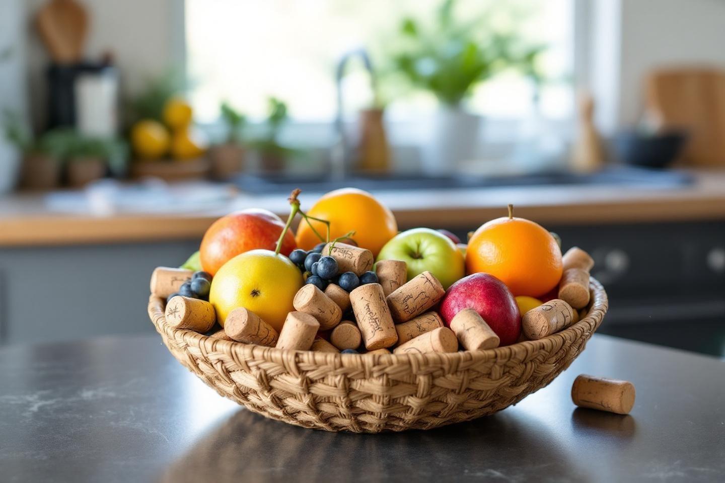 Corbeille en osier remplie de fruits et de bouchons de li&egrave;ge