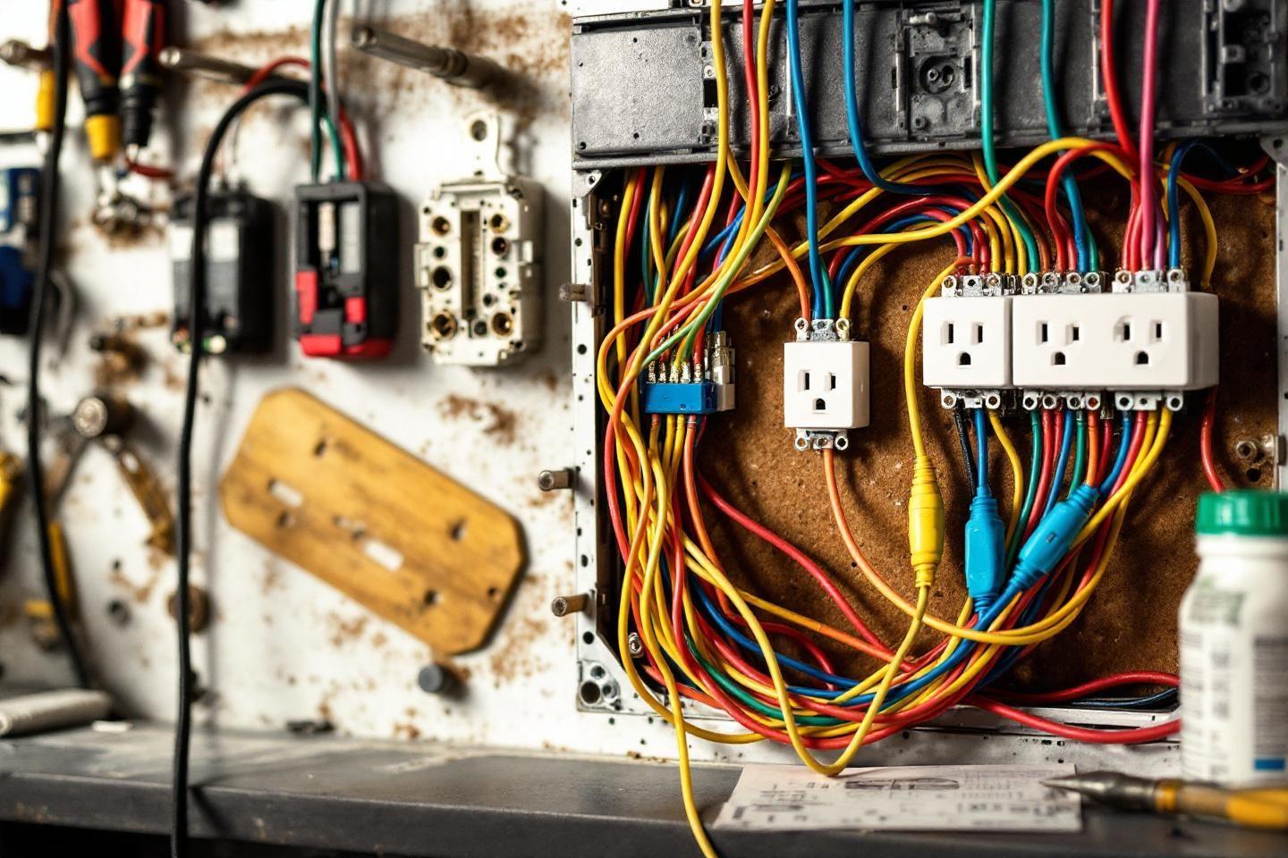 Tableau &eacute;lectrique complexe avec c&acirc;bles multicolores et prises