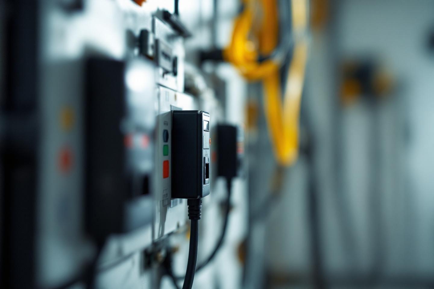 C&acirc;bles noirs et jaunes connect&eacute;s &agrave; des &eacute;quipements &eacute;lectriques