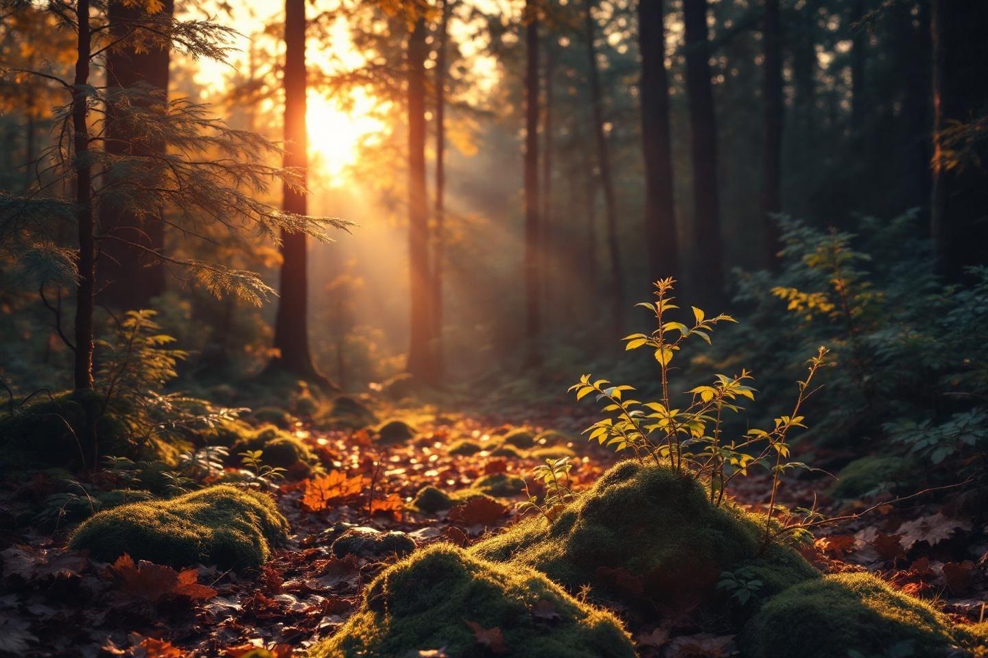 Rayons du soleil traversant une for&ecirc;t aux feuilles d'automne