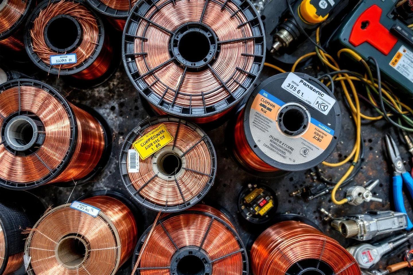 Gros plan sur des bobines de fil de cuivre orange et des outils &eacute;lectriques