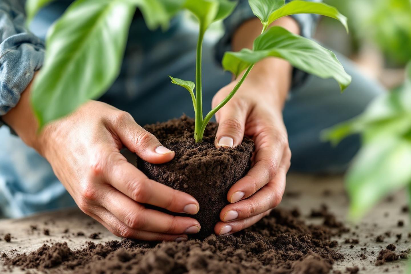 Mains tenant une jeune plante dans un sol riche