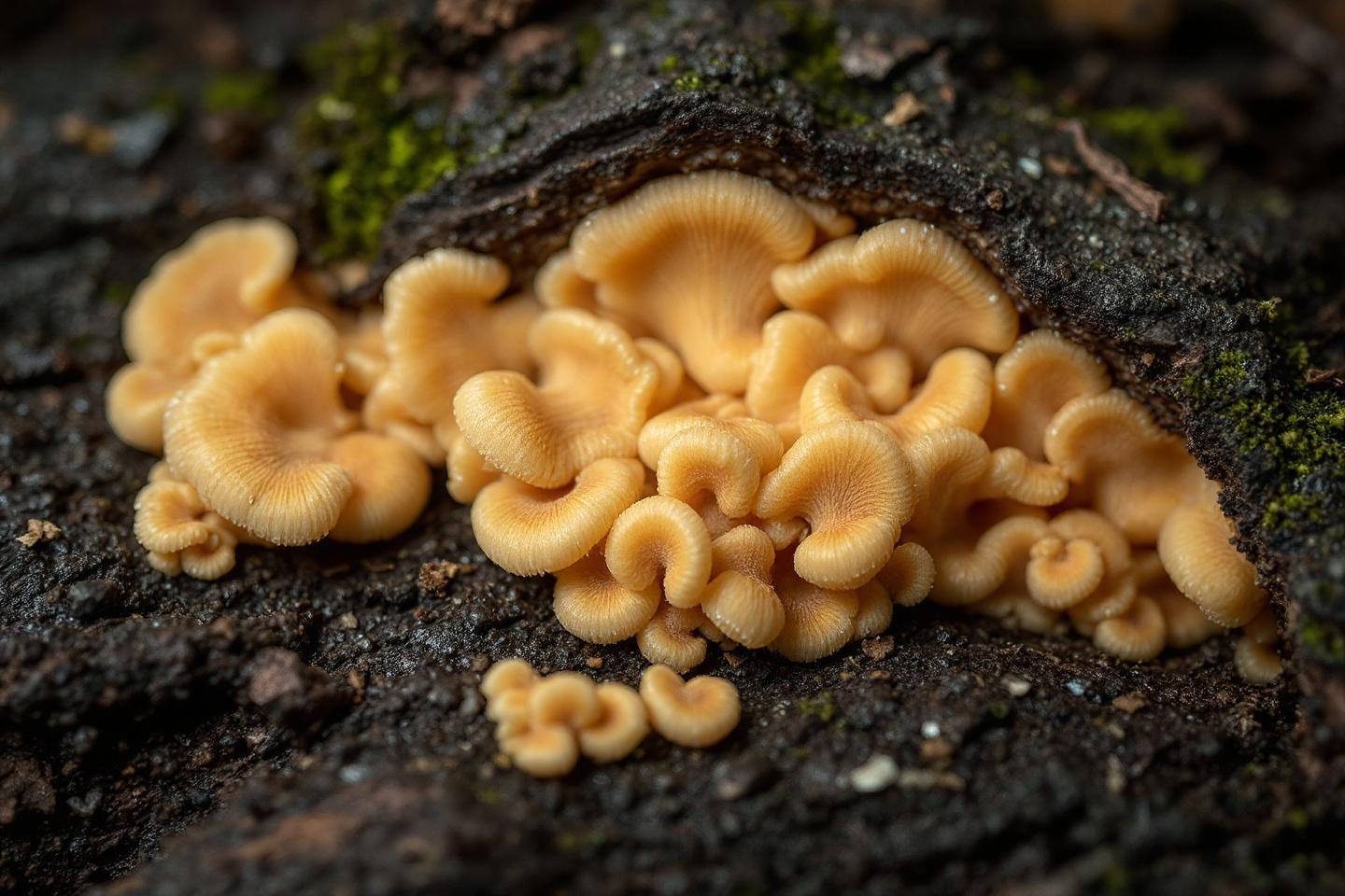 Groupe de champignons jaunes en forme de coquille sur &eacute;corce