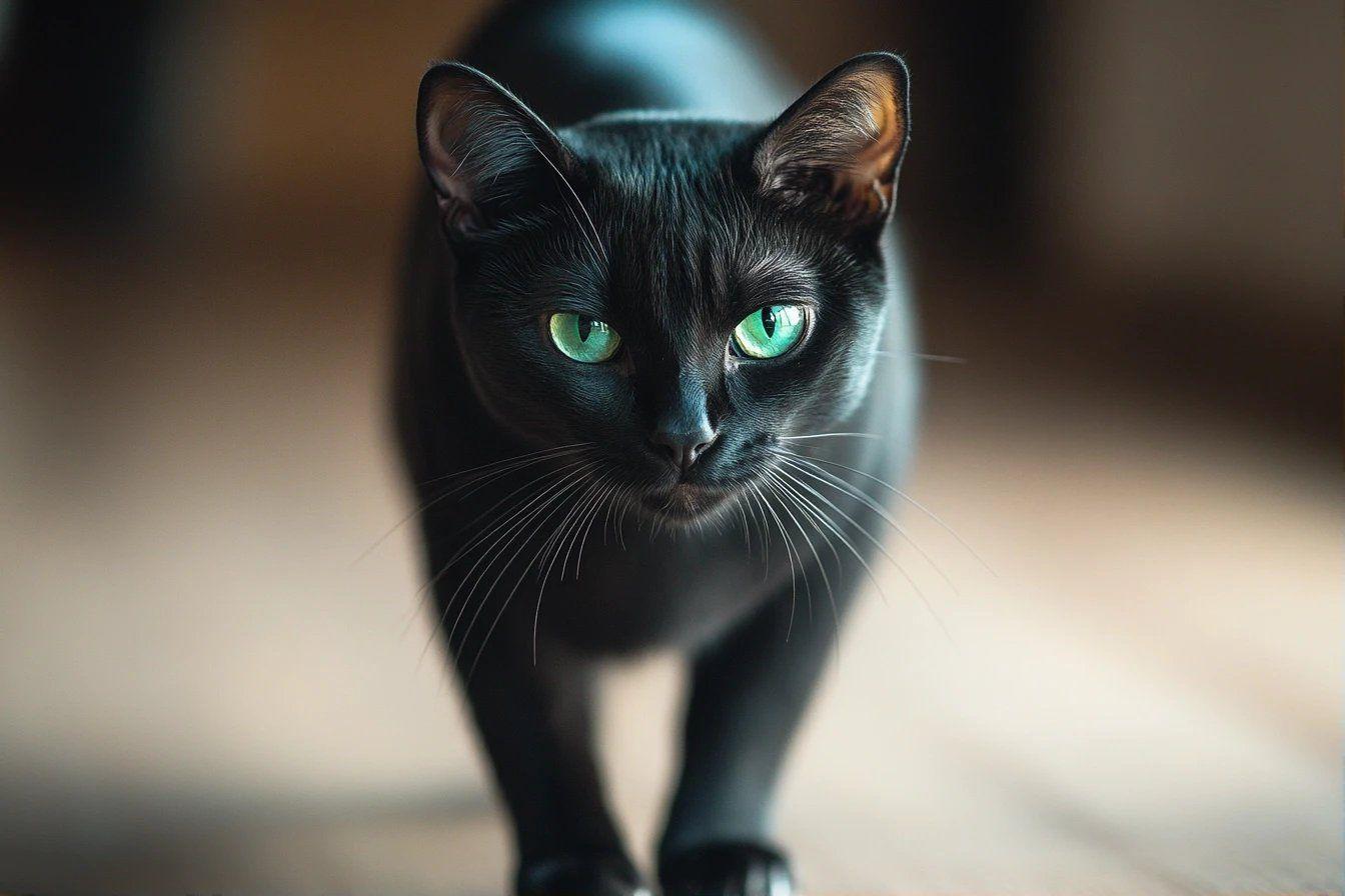 Portrait rapproché d'un chat noir aux yeux émeraude perçants