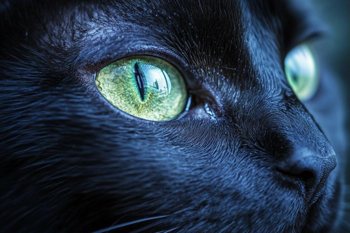 Gros plan sur l'œil vert d'un chat noir aux poils sombres