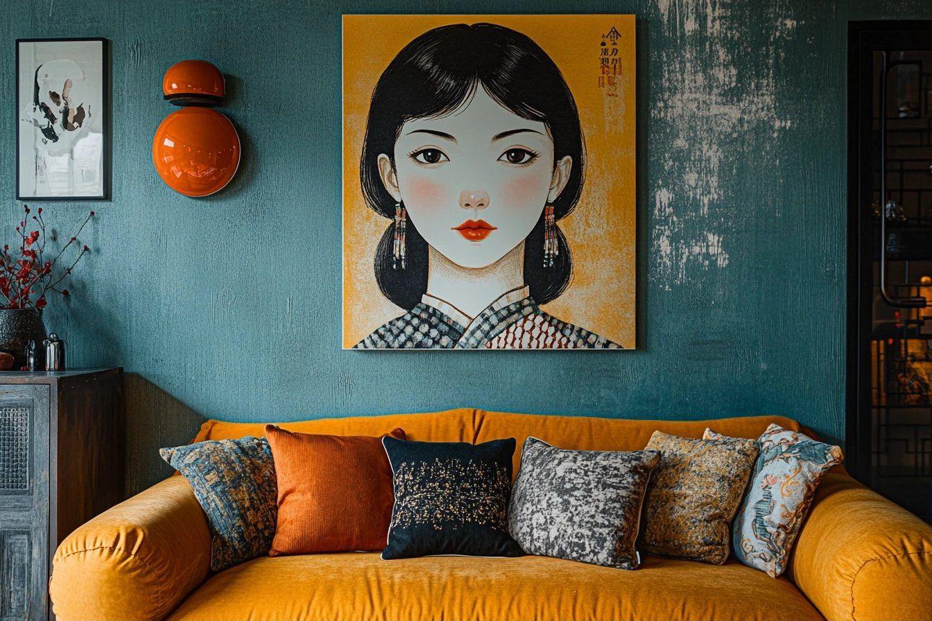 Tableau d'une femme sur un mur bleu-vert près d'un canapé jaune