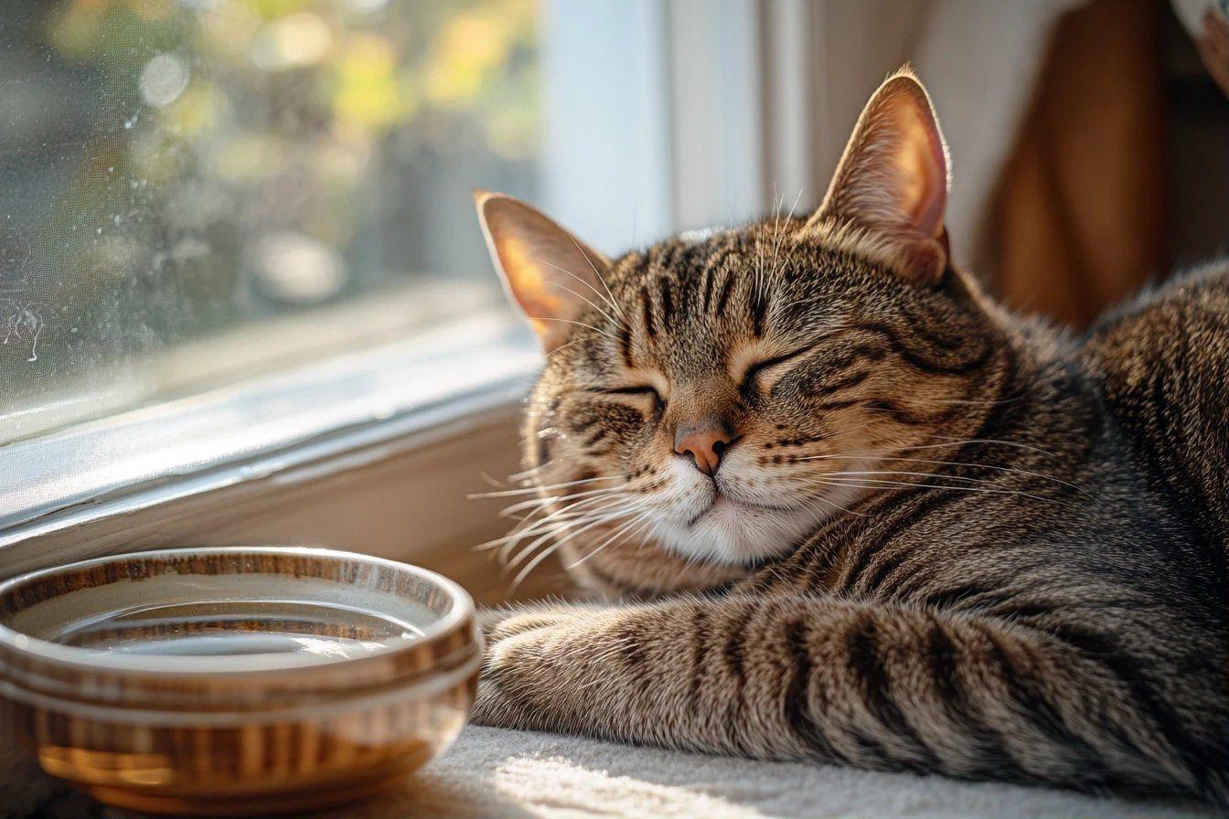 Chat tigré dormant paisiblement à côté d'un bol