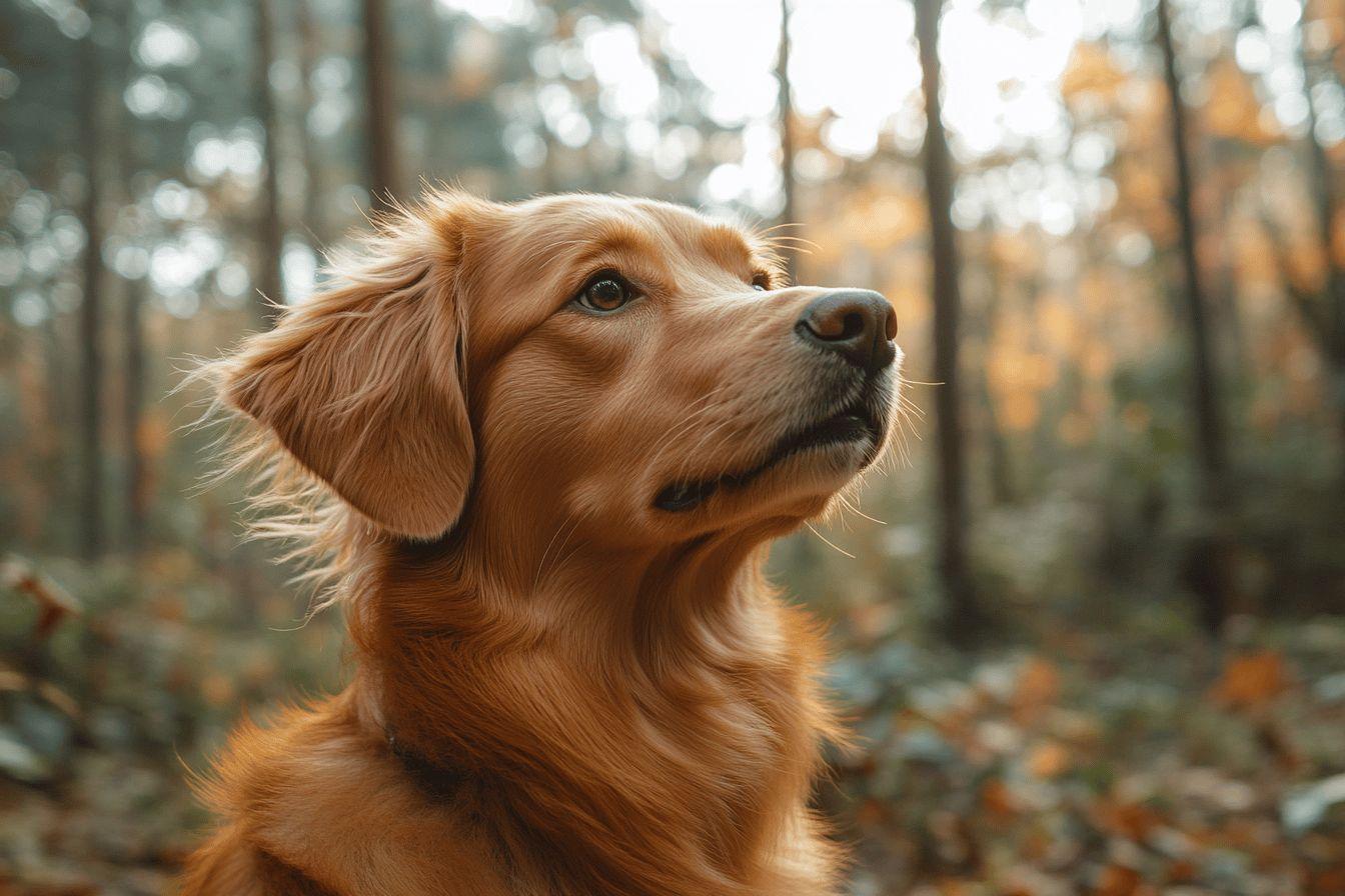 Chien roux attentif dans une for&ecirc;t automnale