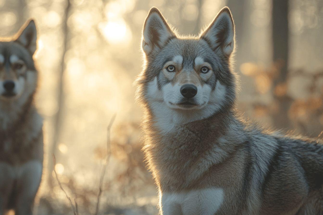 Deux loups gris regardant droit devant dans un paysage brumeux