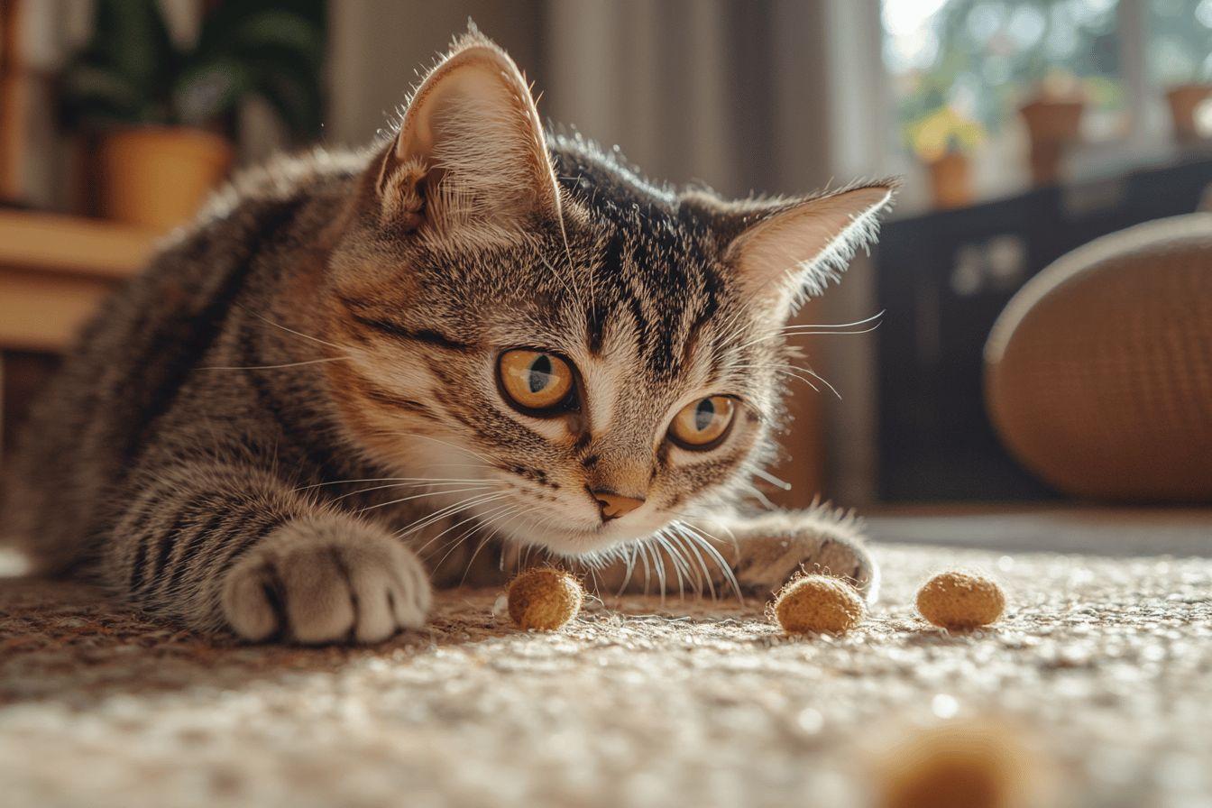 Chat tigr&eacute; regardant des croquettes sur un tapis