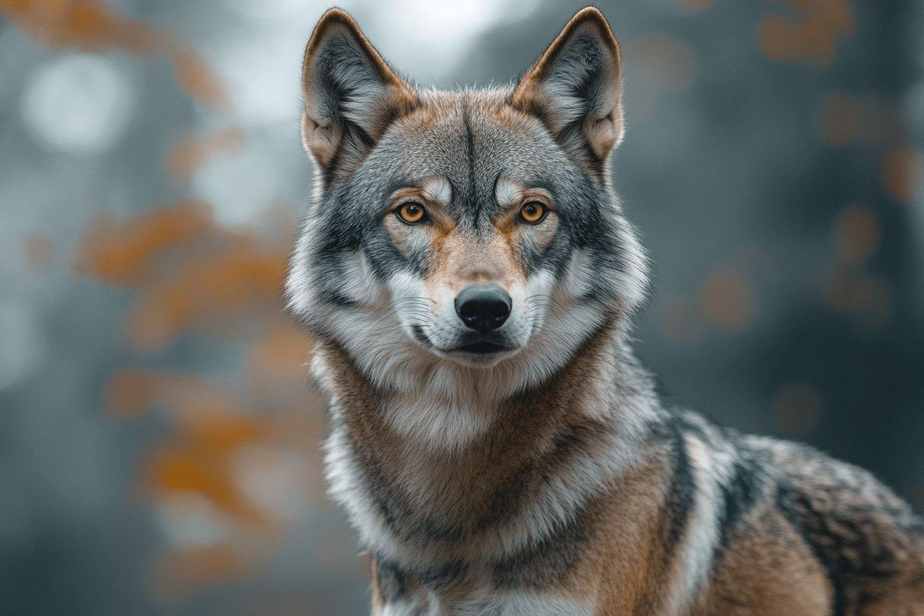 Portrait rapproch&eacute; d'un loup gris aux yeux per&ccedil;ants