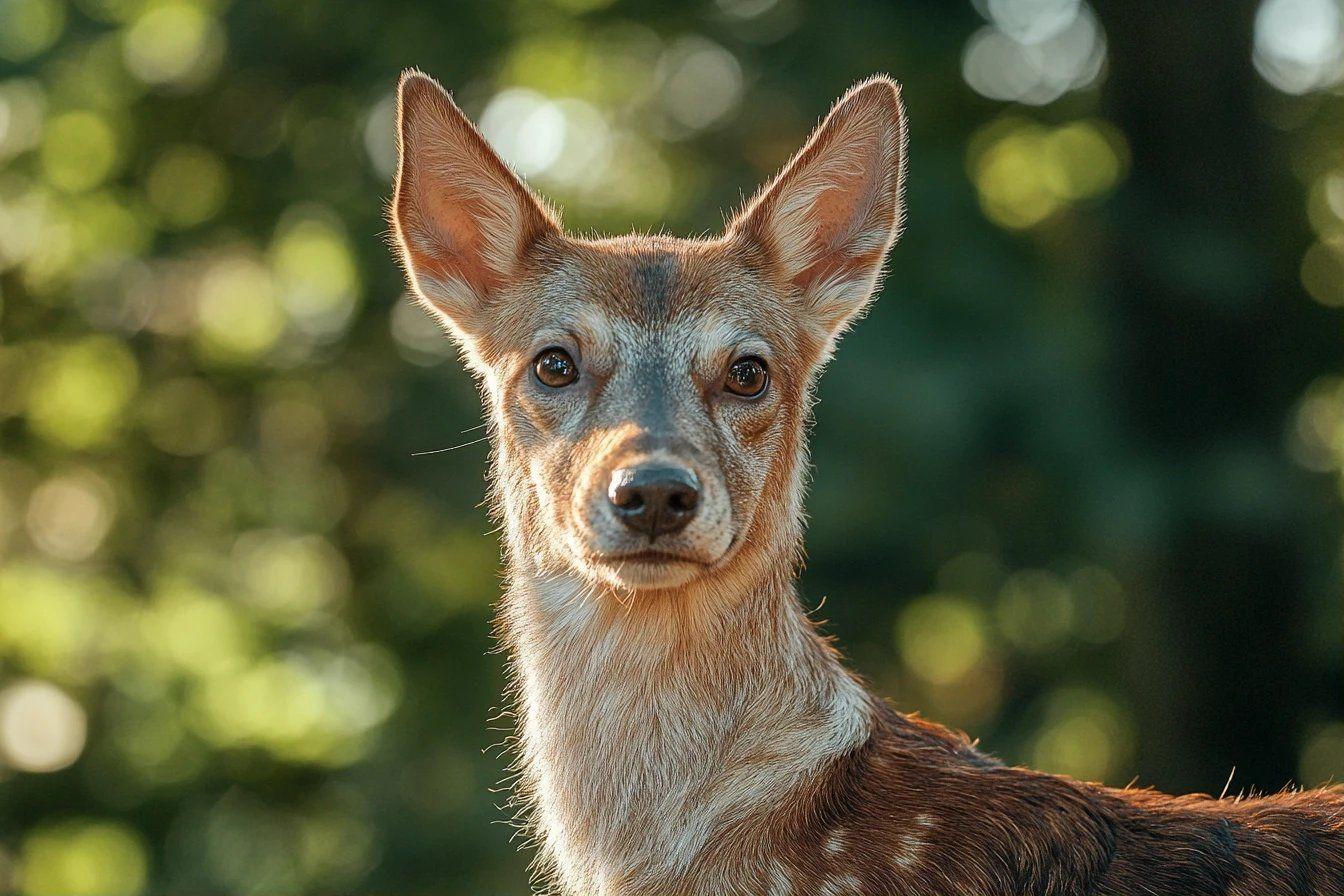 Portrait rapproch&eacute; d'un chien aux oreilles dress&eacute;es et regard fixe