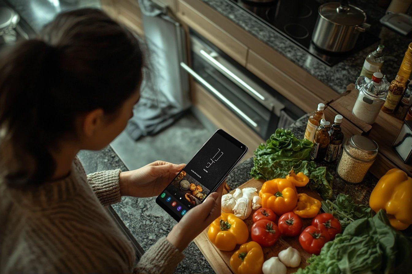 Smartphone pr&egrave;s de l&eacute;gumes frais sur plan de travail de cuisine
