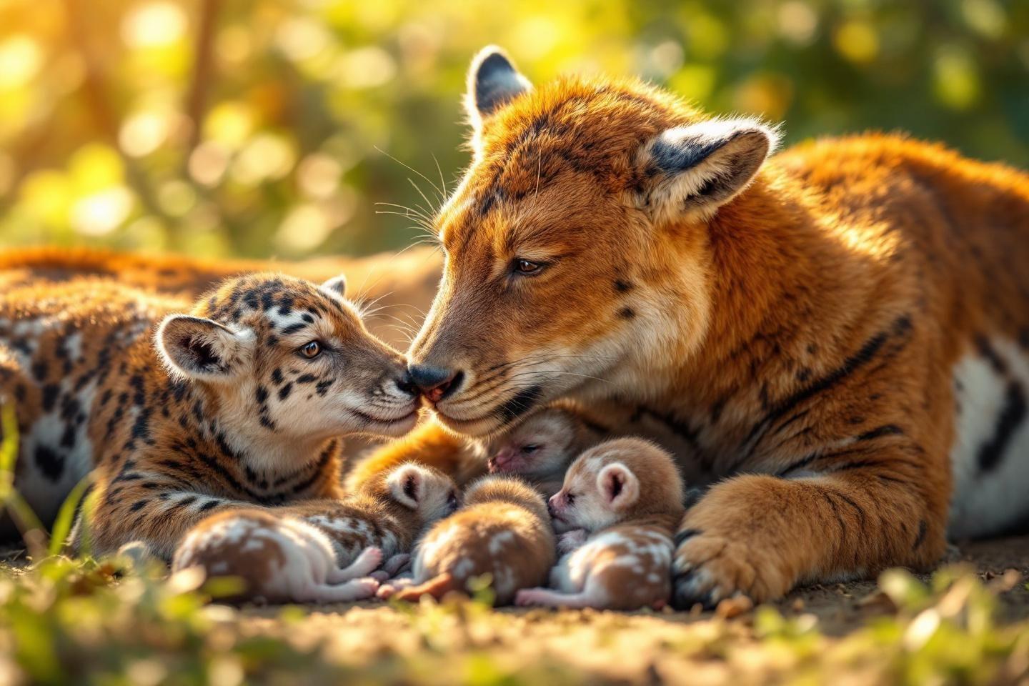 Deux renards adultes avec leurs petits nouveau-n&eacute;s blottis