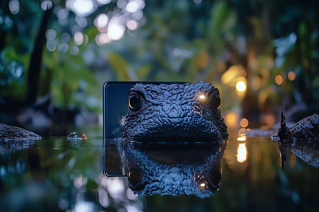 T&ecirc;te de grenouille &eacute;mergeant de l'eau pr&egrave;s d'un smartphone