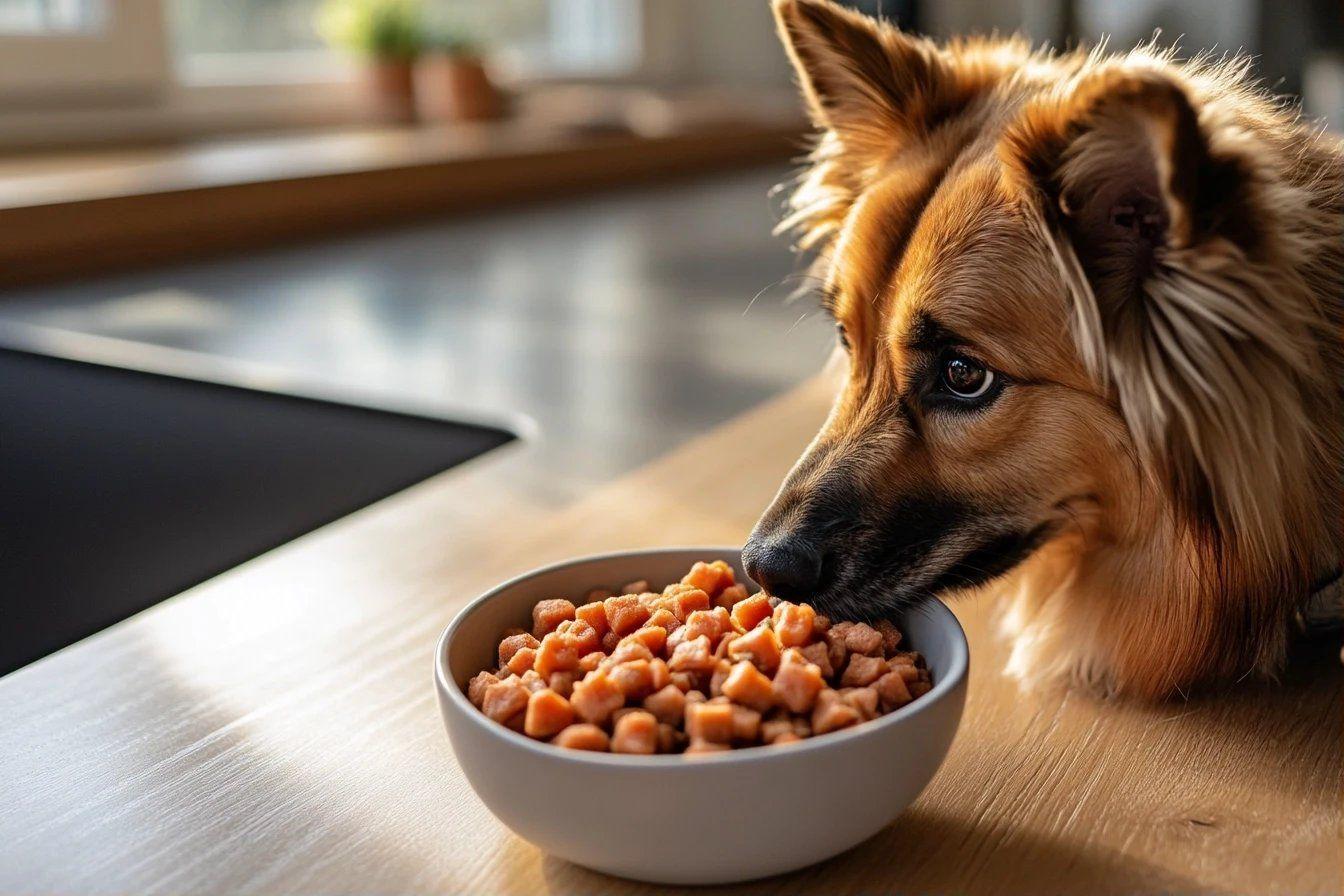 Chien attentif pr&egrave;s d'un bol de croquettes app&eacute;tissantes