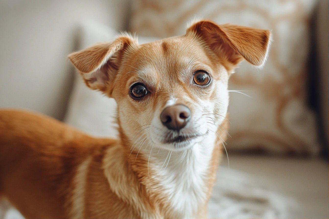Petit chien brun et blanc aux grands yeux expressifs