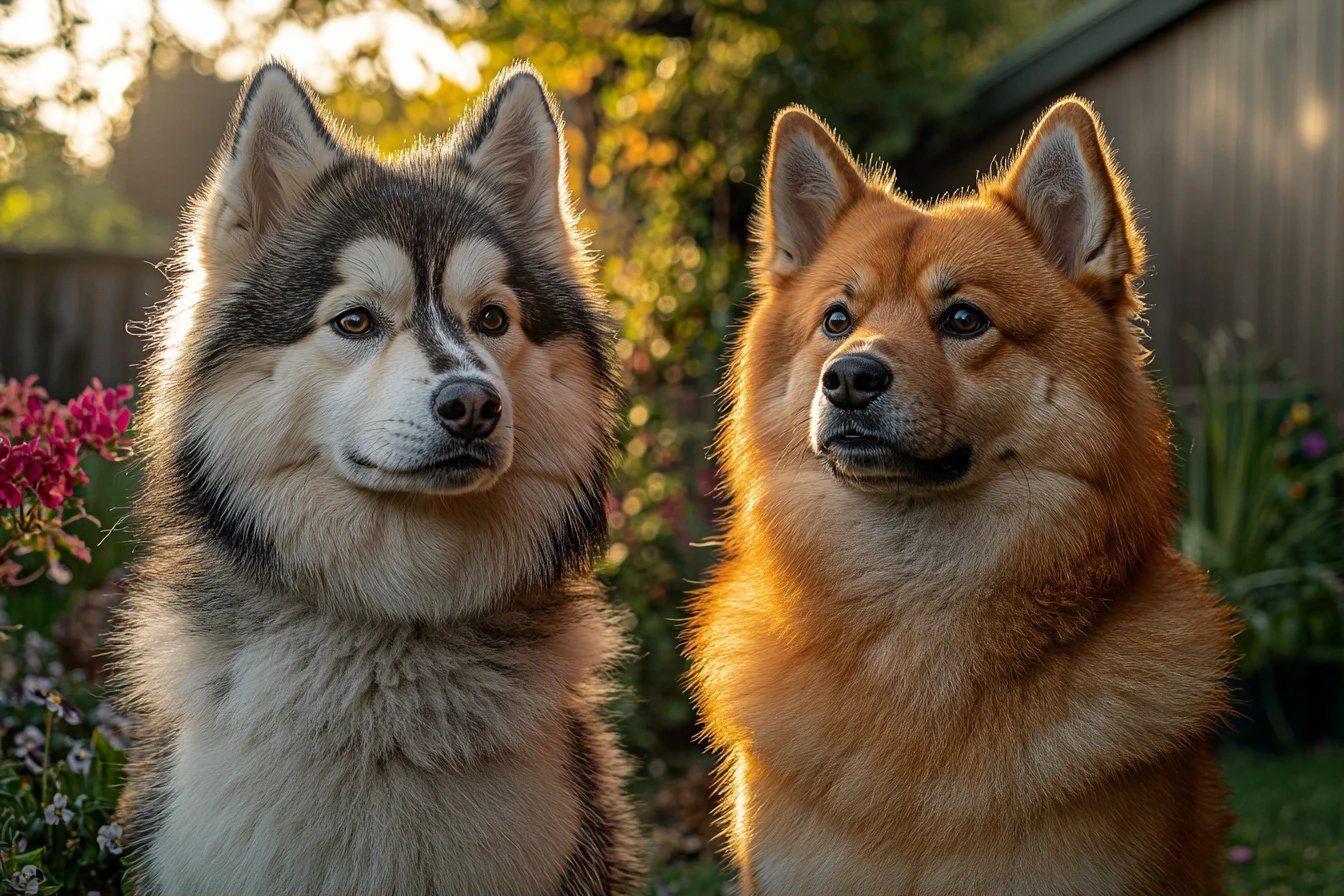 Husky et berger roux c&ocirc;te &agrave; c&ocirc;te dans un jardin ensoleill&eacute;