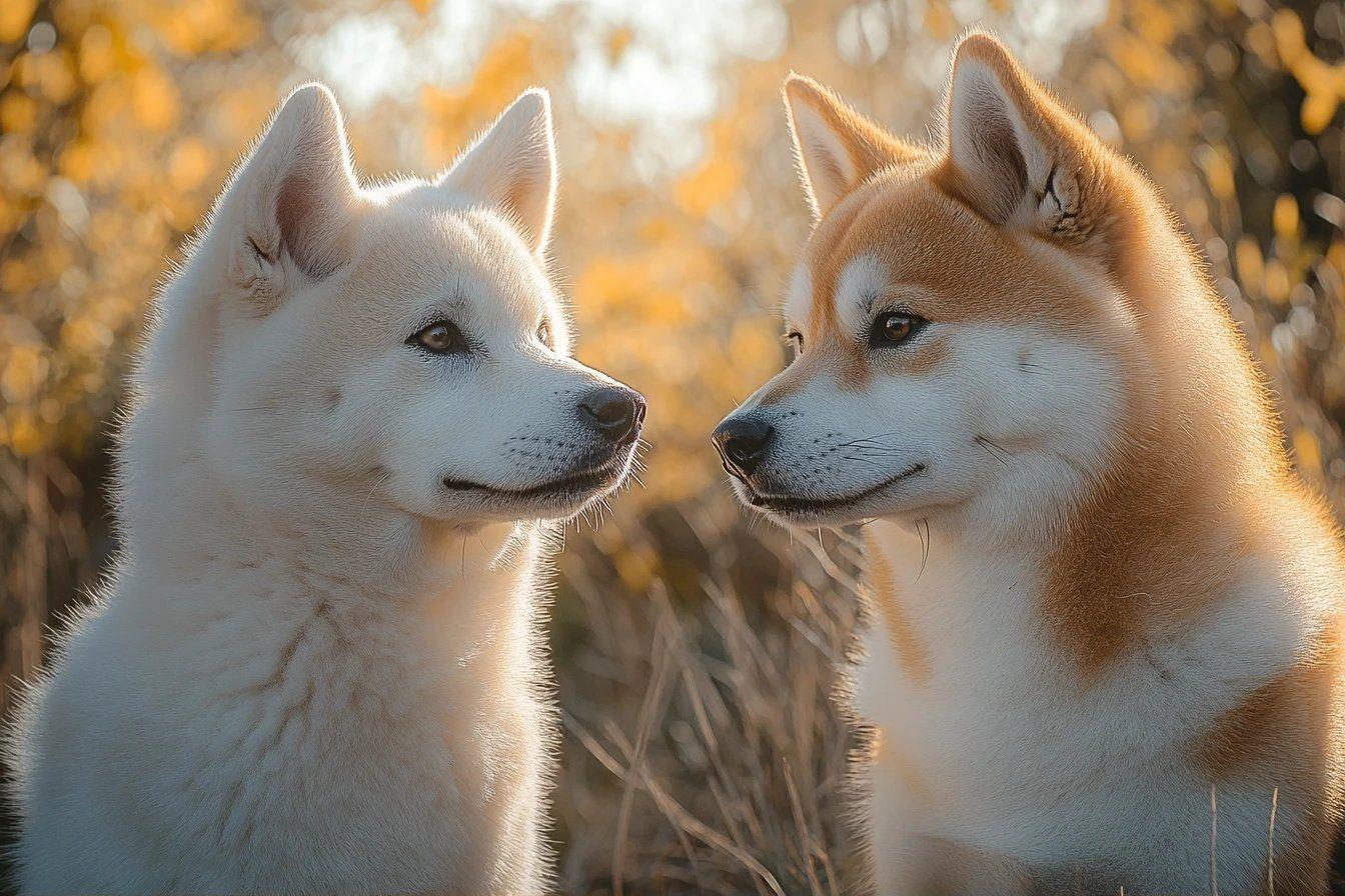 Deux chiens huskies face &agrave; face dans un d&eacute;cor automnal