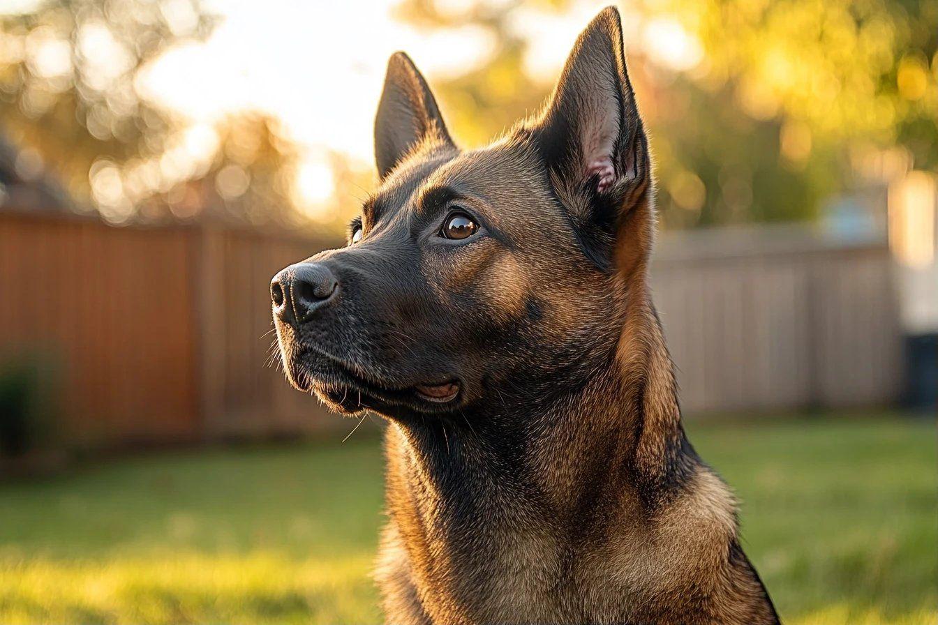 Chien attentif au pelage brun-noir dans un jardin ensoleill&eacute;