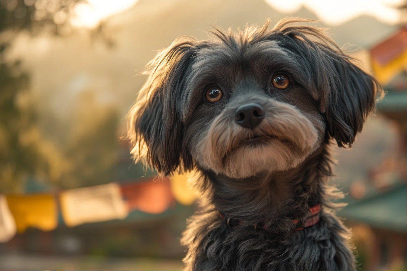 Portrait rapproch&eacute; d'un chien noir et gris au regard expressif