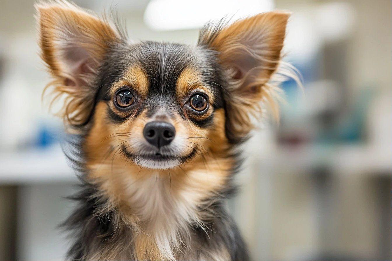 Petit chien &agrave; poils longs aux couleurs noir, brun et blanc