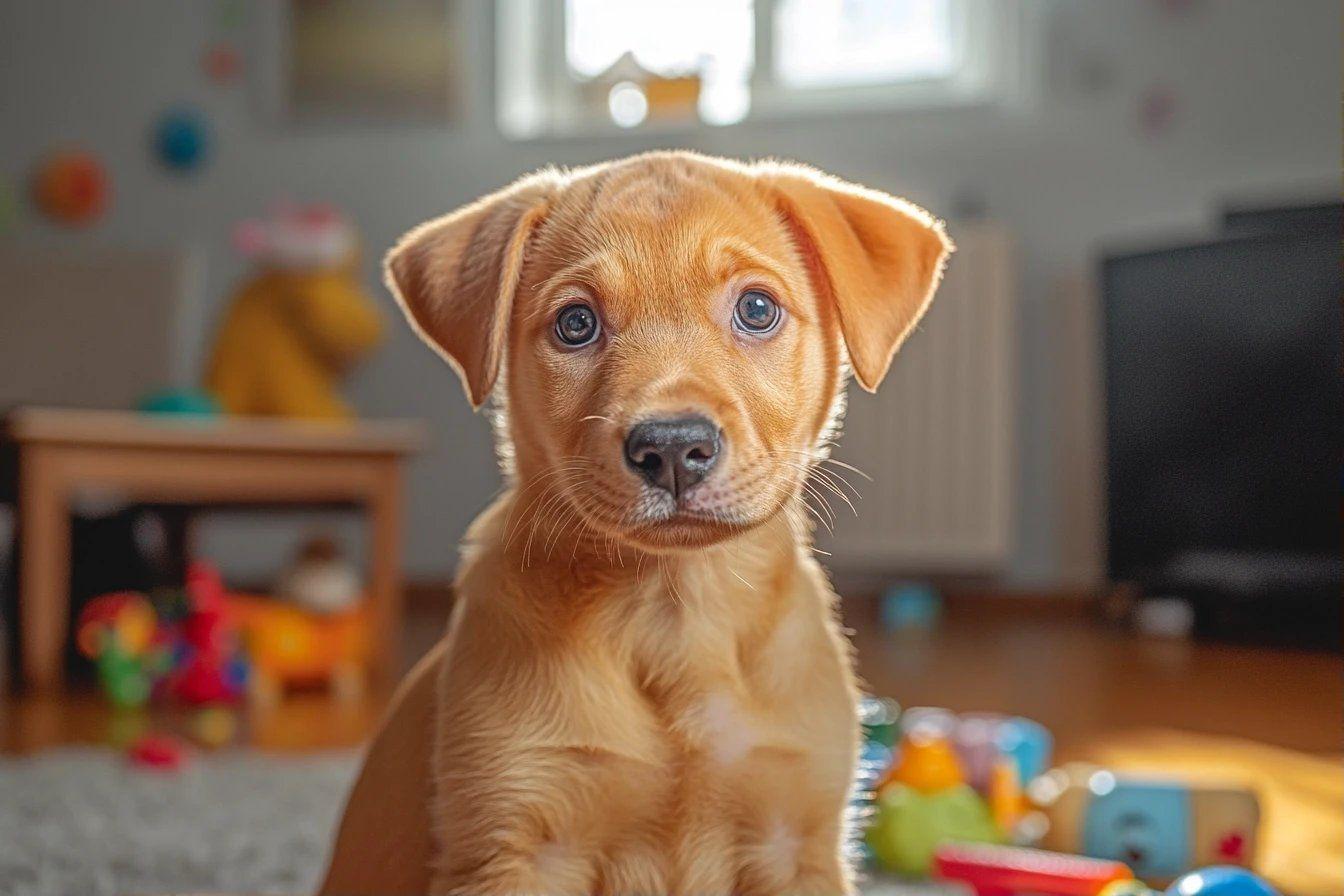 Jeune chien dor&eacute; assis parmi des jouets color&eacute;s