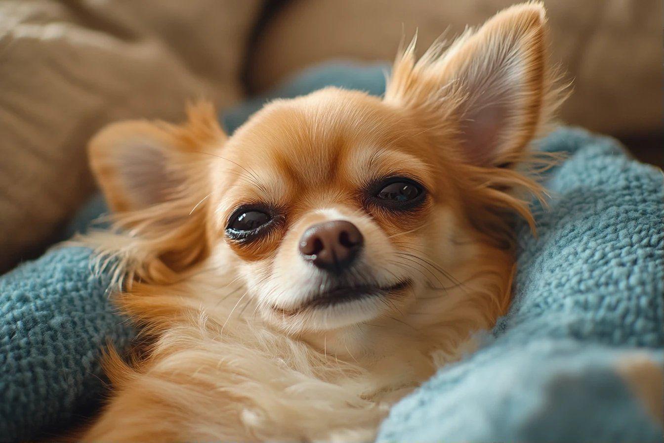 Petit chien beige dormant paisiblement sur textile bleu