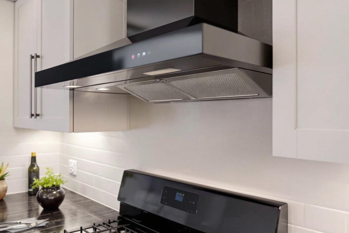 Hotte inox et noire suspendue au-dessus d'une cuisini&egrave;re