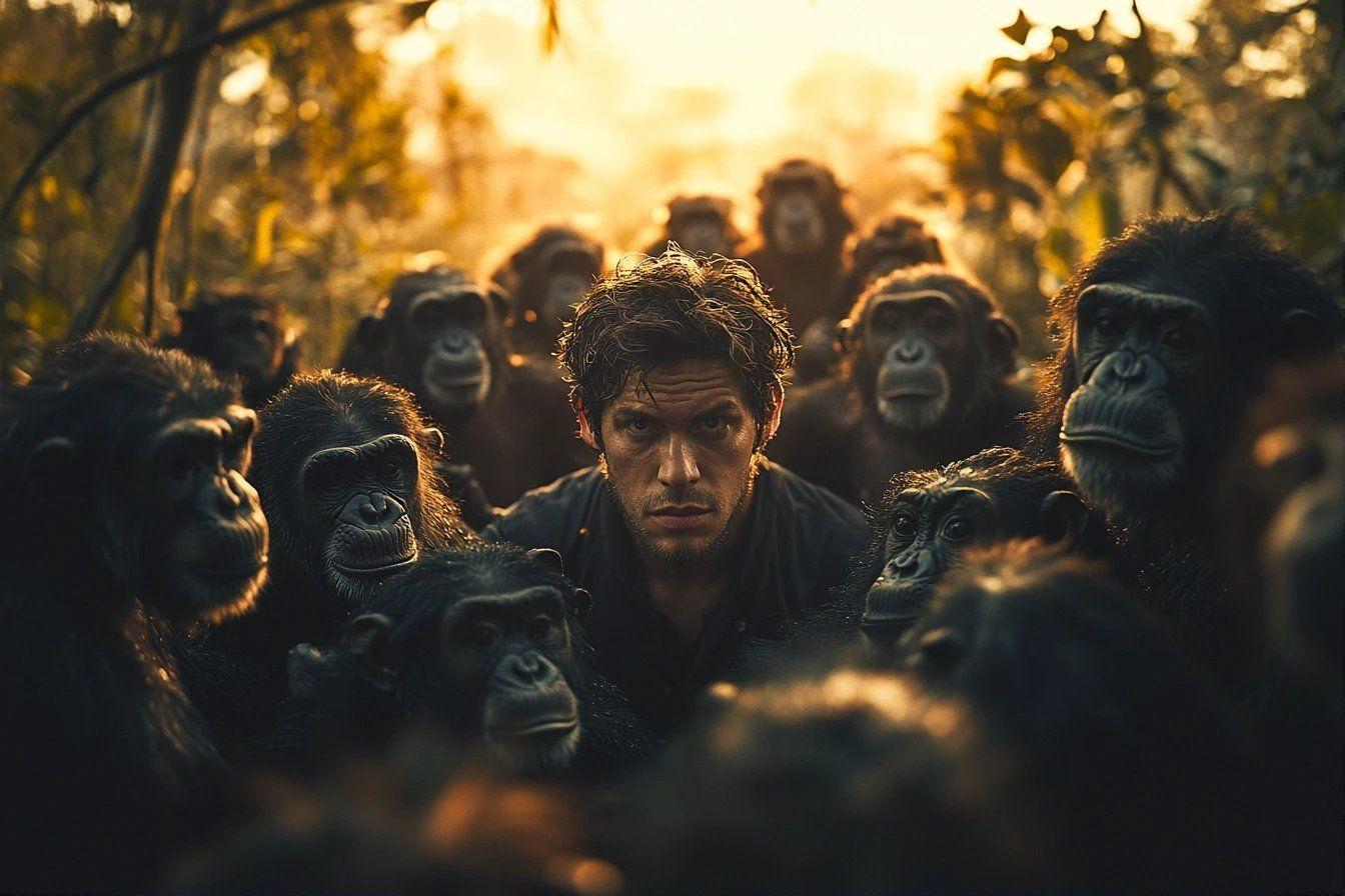 Un homme entour&eacute; de grands singes dans une for&ecirc;t lumineuse