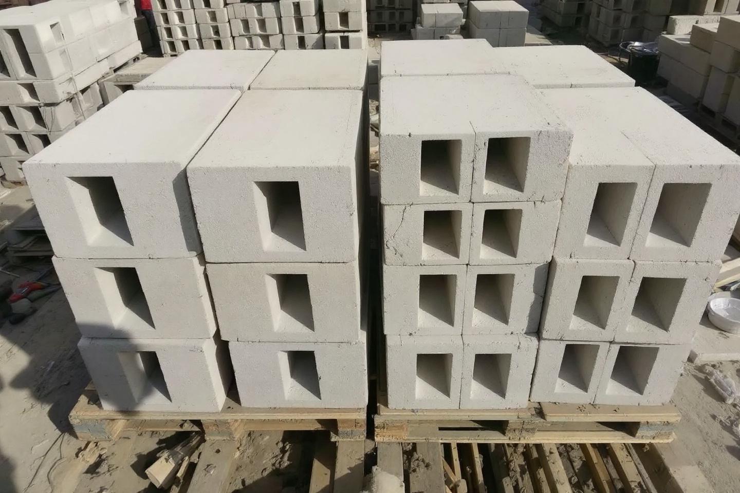 Blocs de béton creux blancs rangés sur des palettes en bois