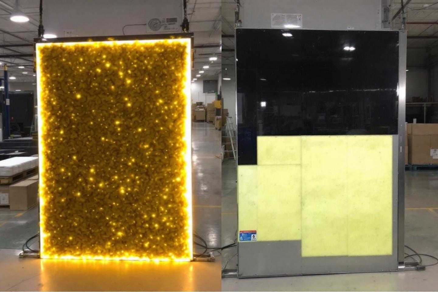 Deux panneaux verticaux, un dor&eacute; scintillant, l'autre noir