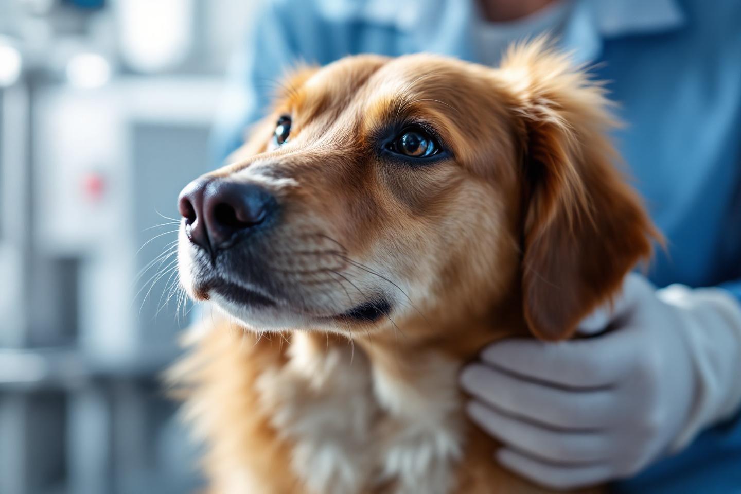 Jeune chien golden aux yeux expressifs dans un environnement m&eacute;dical