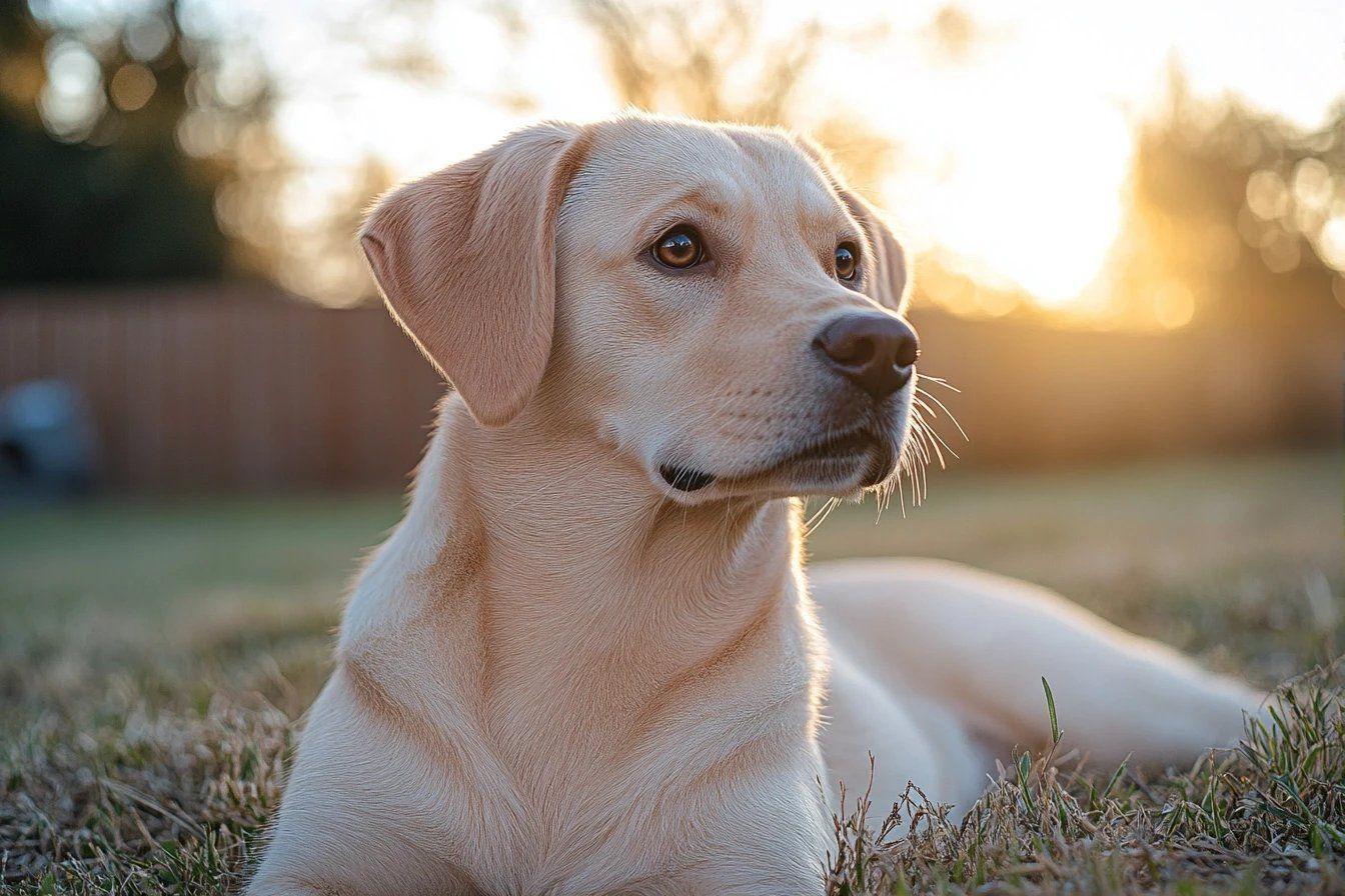 Chien beige couch&eacute; dans l'herbe, lumi&egrave;re dor&eacute;e en fond