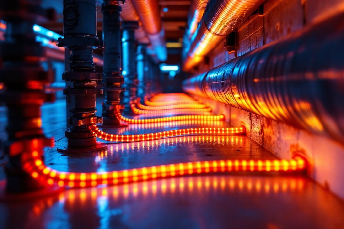 Gros plan de tuyaux industriels avec &eacute;clairage LED color&eacute;