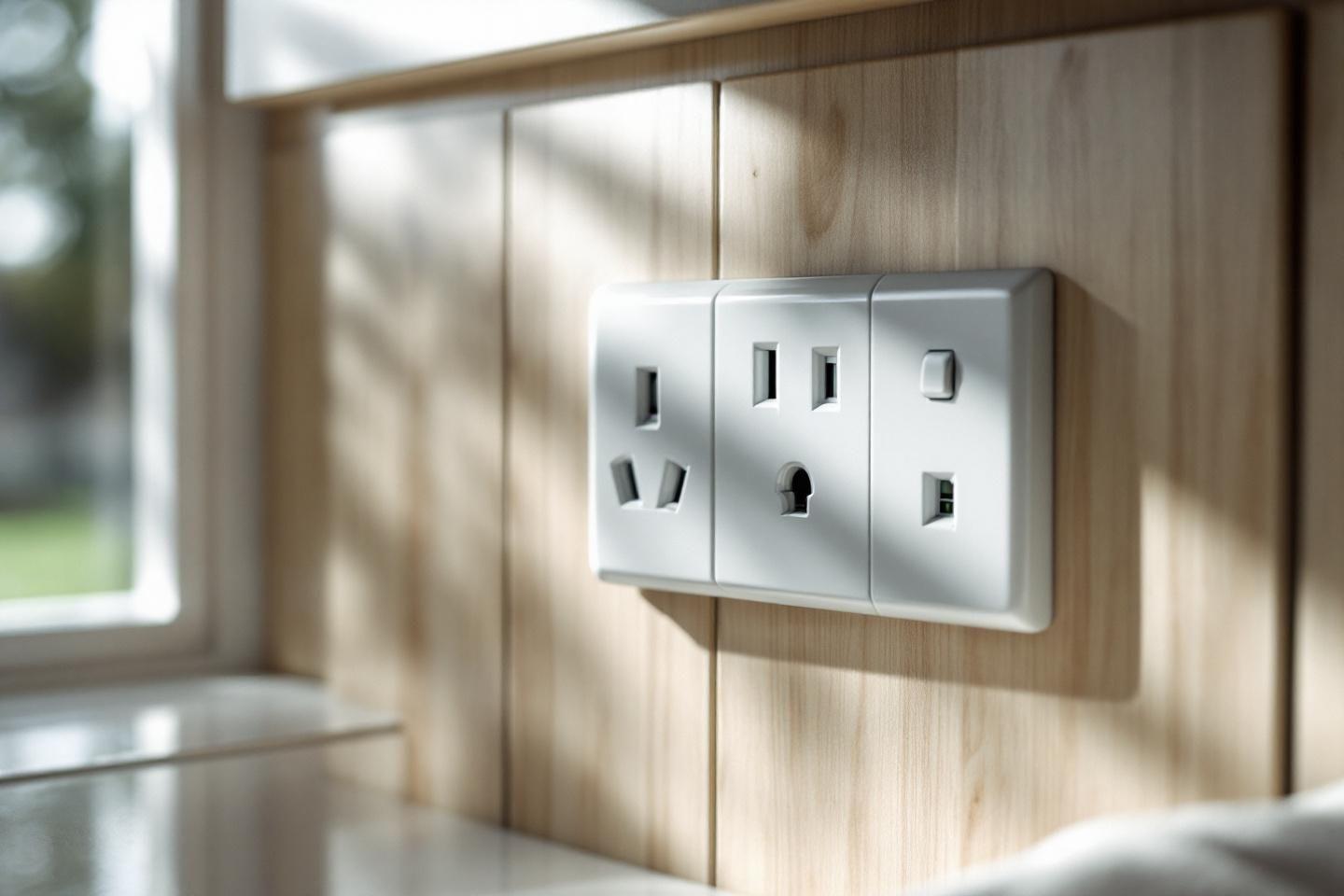 Prise &eacute;lectrique multifonction sur un mur en bois clair