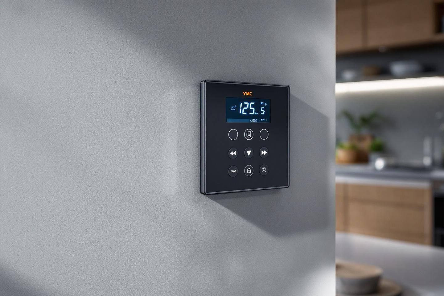 &Eacute;cran digital noir avec touches de commande sur mur gris