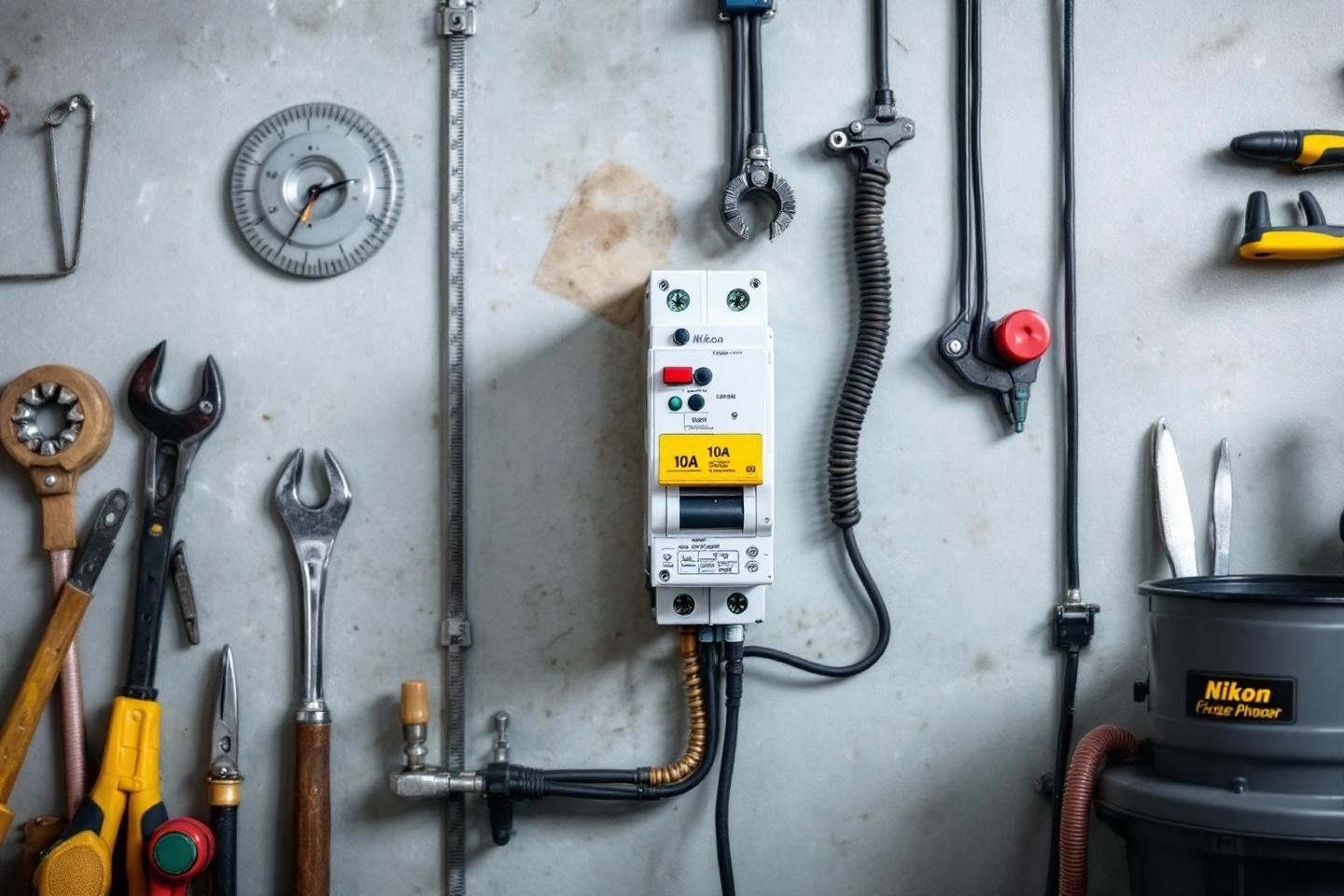 Ensemble d'outils et d'appareils &eacute;lectriques sur mur gris