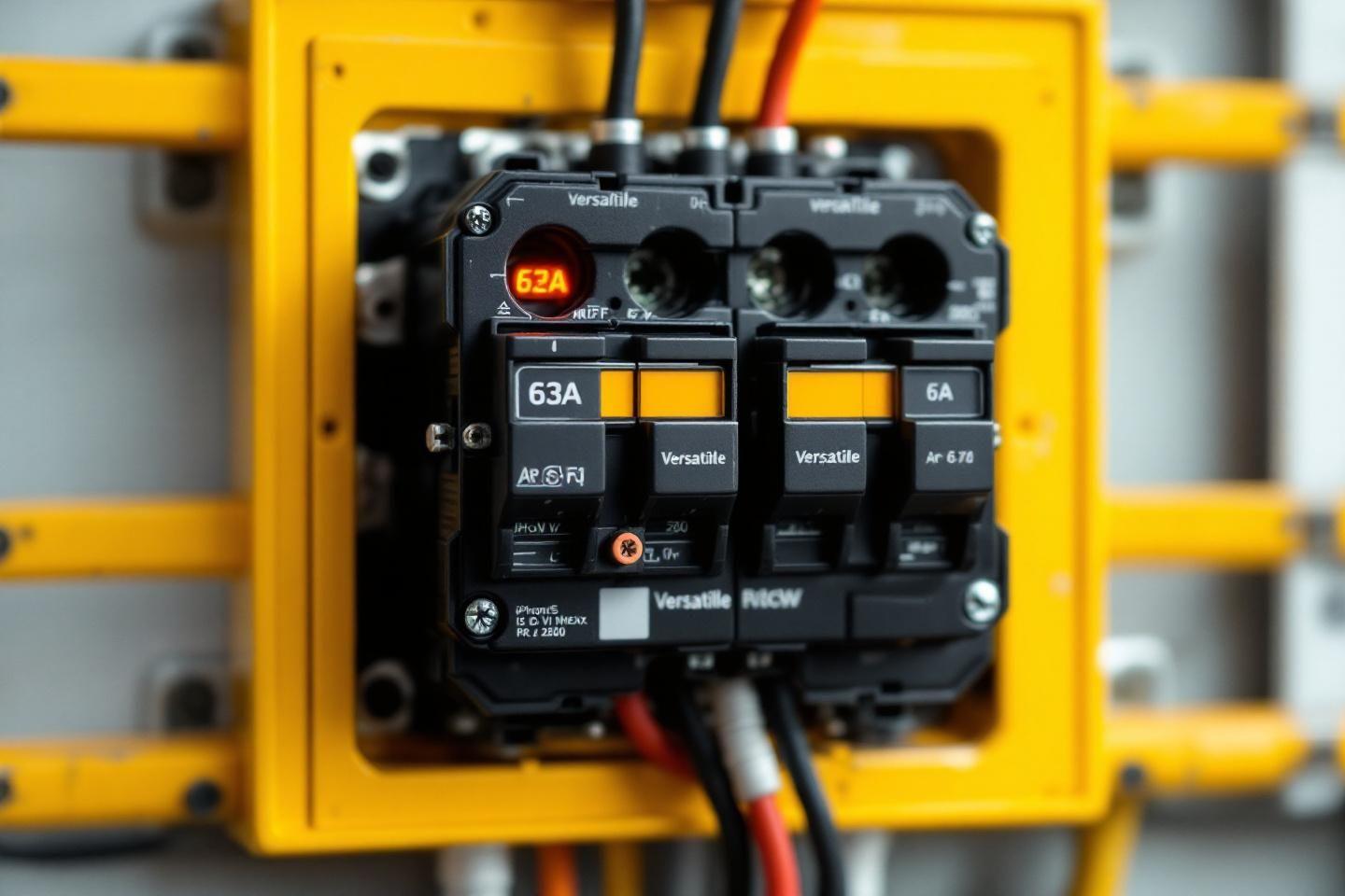 Gros plan sur un panneau &eacute;lectrique jaune avec disjoncteurs noirs