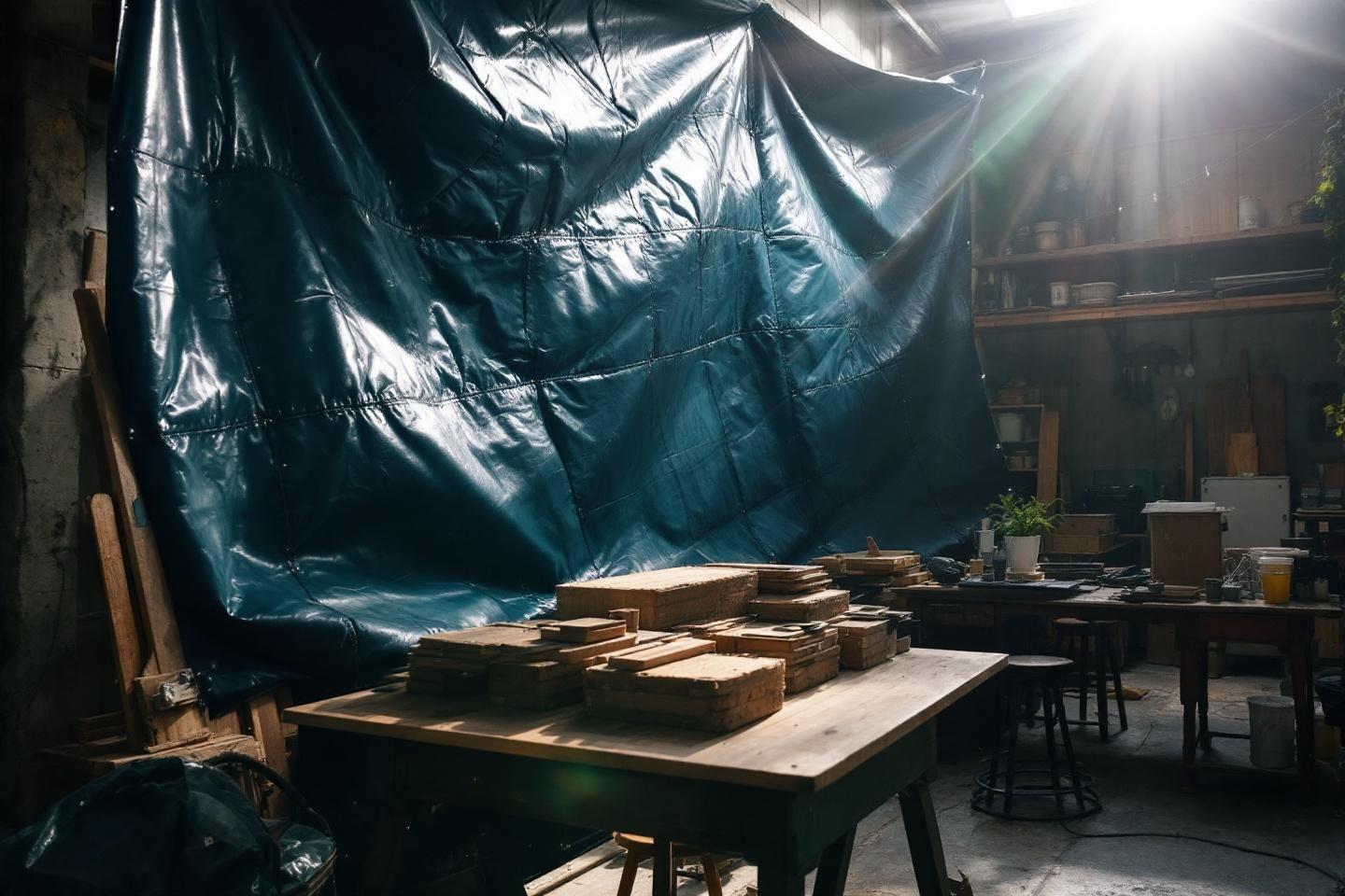 Table de travail avec bois et b&acirc;che bleue